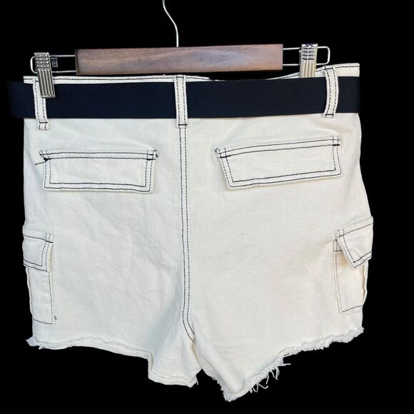 Kreamy Cut Off Shorts Womens Large Belted Raw Hem Y2K Contrast Stitching Boho - Picture 2 of 9